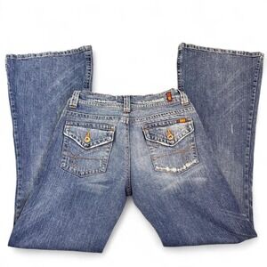 Vintage Y2K Bongo Womens Sz 9 Mid Rise Flare Distressed Blue Denim Jeans Buttons